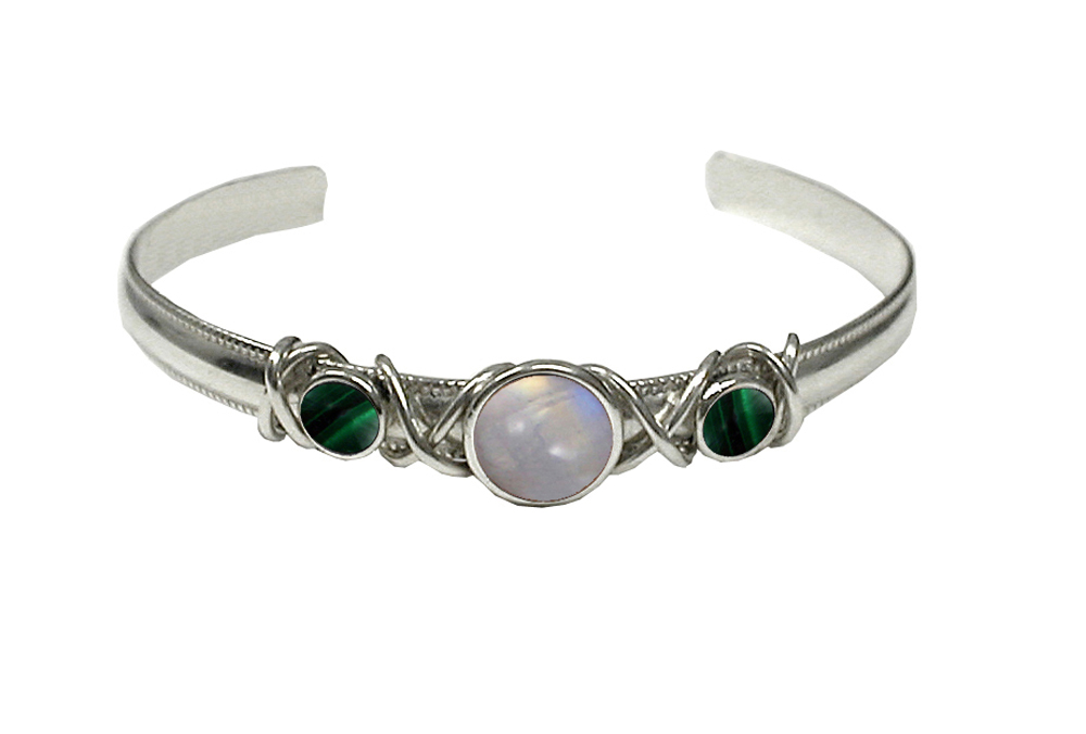 Sterling Silver Hand Made Cuff Bracelet With Rainbow Moonstone And Malachite